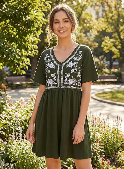 Damen Besticktes Empire-Kleid mit V-Ausschnitt, Kurzärmeln und ausgestelltem Rock Echo Archiv