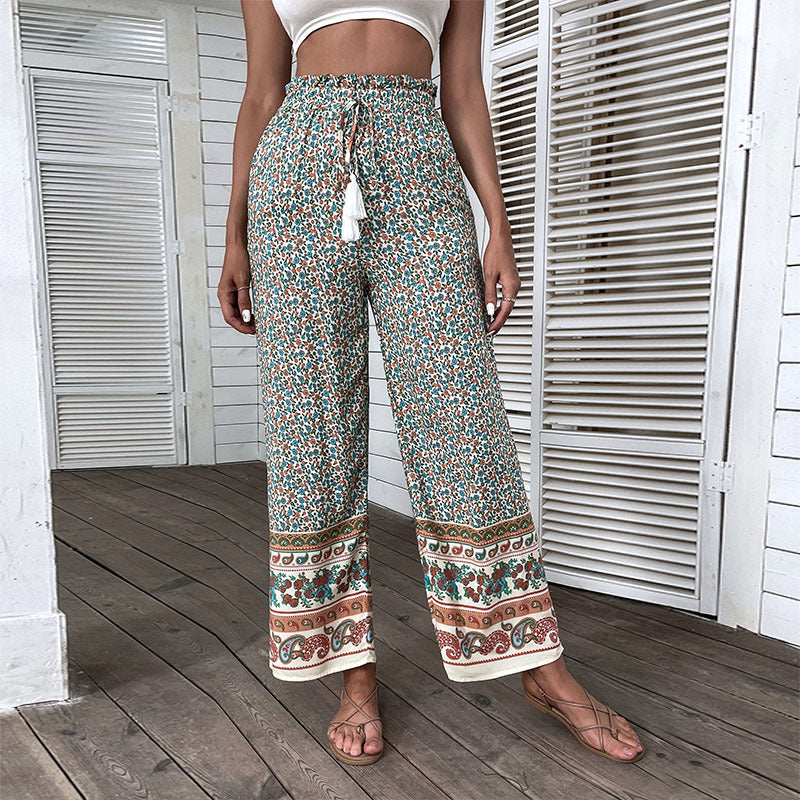 Damen Leichte Boho-Hose mit weitem Bein, elastischem Bund, Quasten-Kordel und Bordürendruck – Avélisse