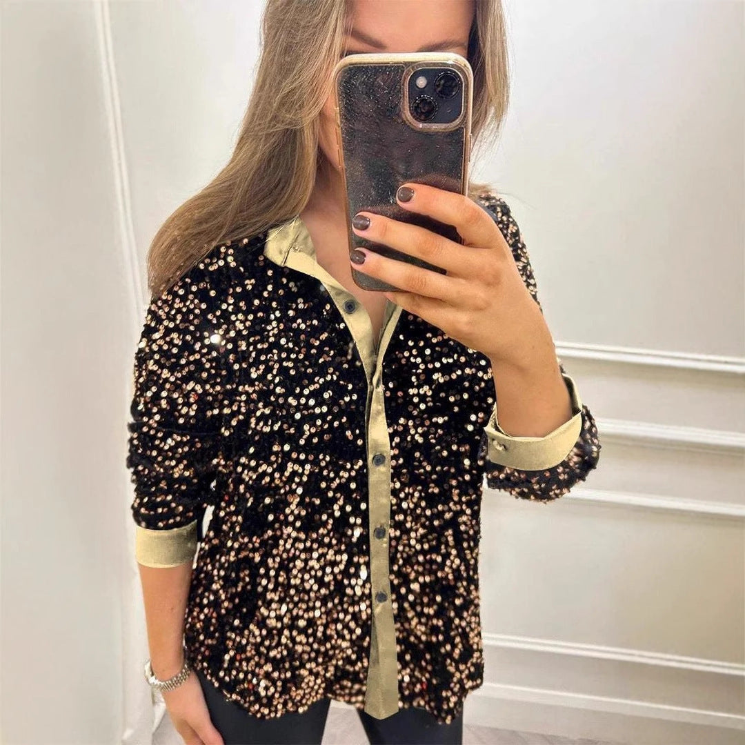 Damen Glitzernde Bluse aus Pailletten mit klassischem Kragen Echoarchiv