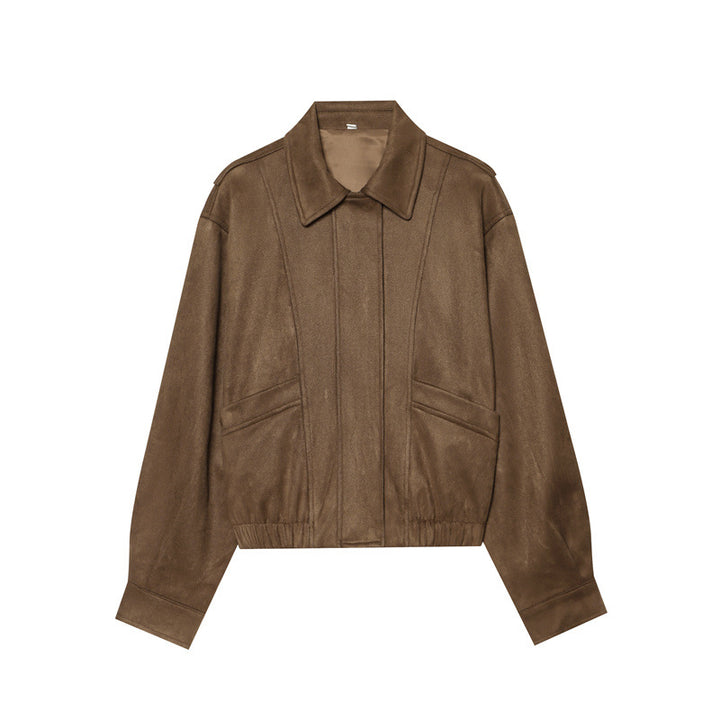 Damen kastige vegane Lederblousonjacke mit Hemdkragen, verdeckter Frontleiste und elastischem Saum – Célinea