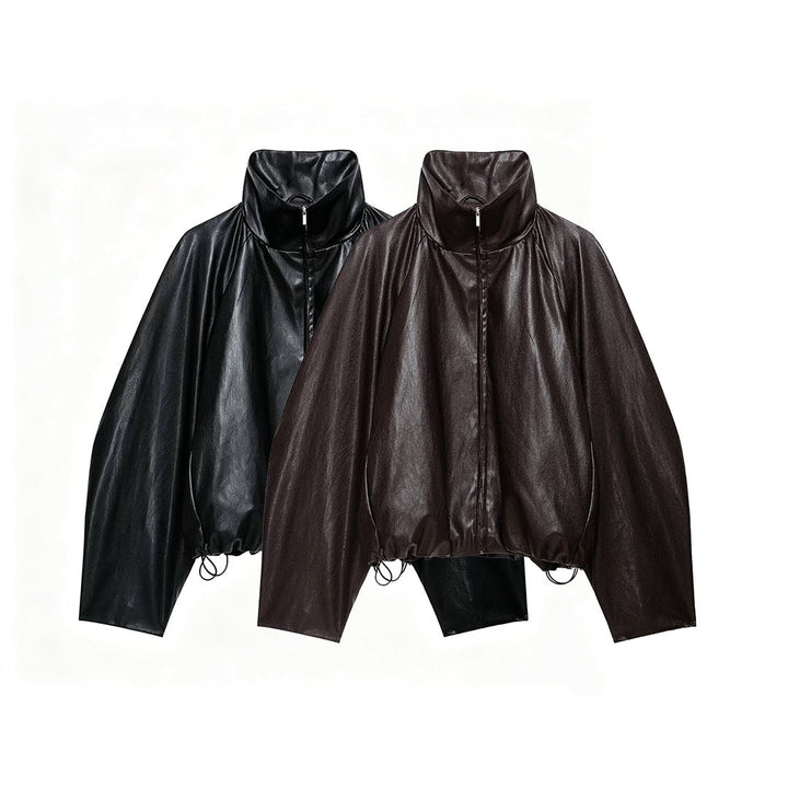 Damen Oversize Jacke im Lederlook mit hohem Funnelkragen, Raglanärmeln und Tunnelzugsaum Echoarchiv