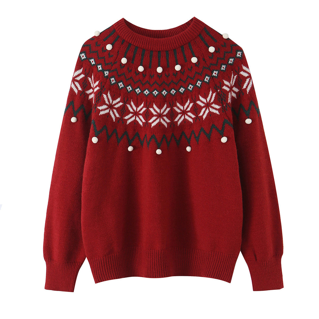 Damen nan Norwegerpullover mit Rundhalsausschnitt, jacquardgestricktem Muster und dekorativen Bommelapplikationen Echo Archiv