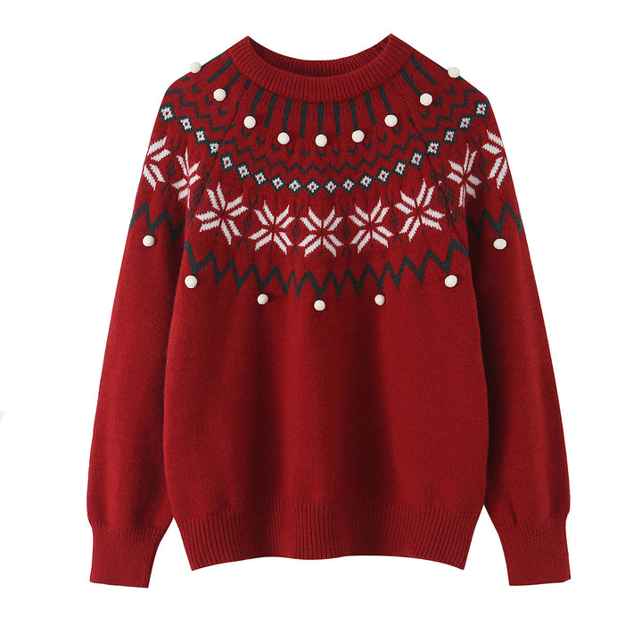 Damen nan Norwegerpullover mit Rundhalsausschnitt, jacquardgestricktem Muster und dekorativen Bommelapplikationen Echo Archiv