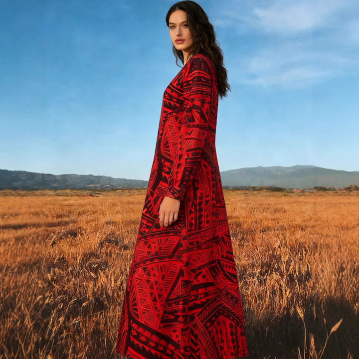 Damen Fließendes Maxikleid mit V-Ausschnitt, allover-geometrischem Print und weiter A-Linie – Valéora