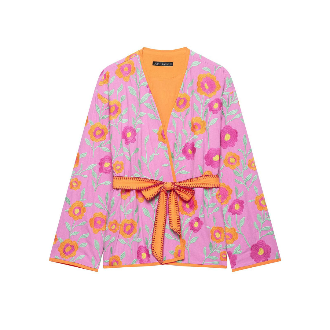 Damen Besticktes Kimono-Blouson mit Taillengürtel und floraler Stickerei Echo Archiv
