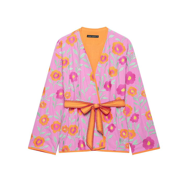 Damen Besticktes Kimono-Blouson mit Taillengürtel und floraler Stickerei Echo Archiv