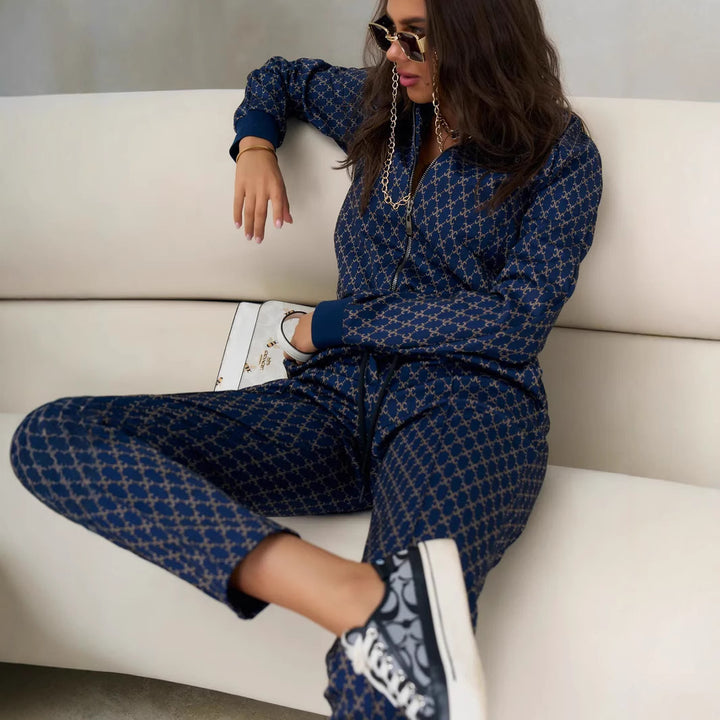 Damen leichtes Jacquard-Lounge-Set mit kurzer Bomberjacke und Highwaist-Tunnelzughose – Élanora