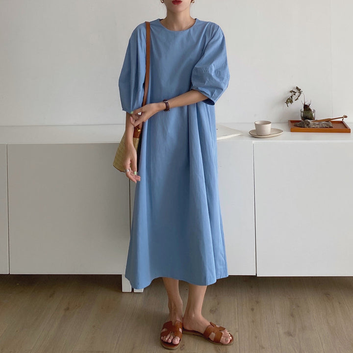 Damen Leichtes A-Linien Midikleid aus Baumwoll-Popeline mit ballonförmigen Ellenbogenärmeln – Élara