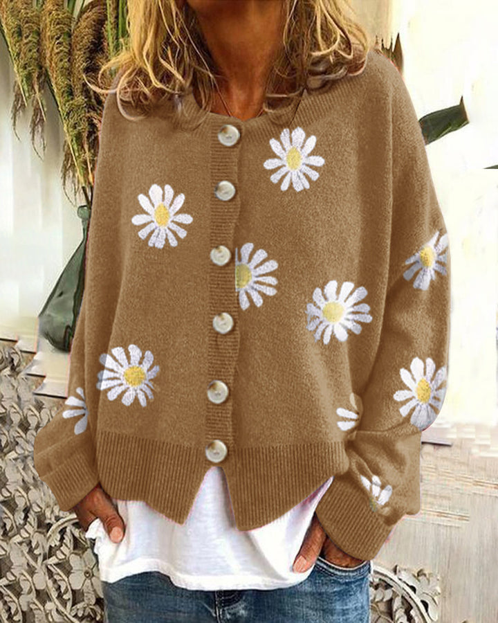 Damen Oversize Strickcardigan mit Knopfleiste und Gänseblümchen-Print Echo Archiv