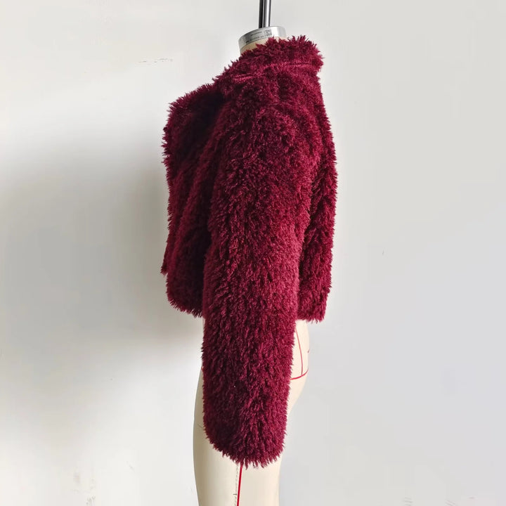 Damen kurze Teddy-Kunstfelljacke mit großem Schalkragen, kastigem Cropped‑Schnitt und weicher Plüschstruktur – Célinea