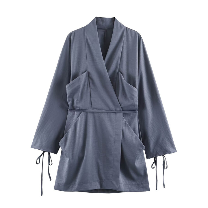 Damen Kimono‑Wickeljacke mit Taillengürtel, weitem Ärmel und asymmetrischen aufgesetzten Taschen Echo Archiv