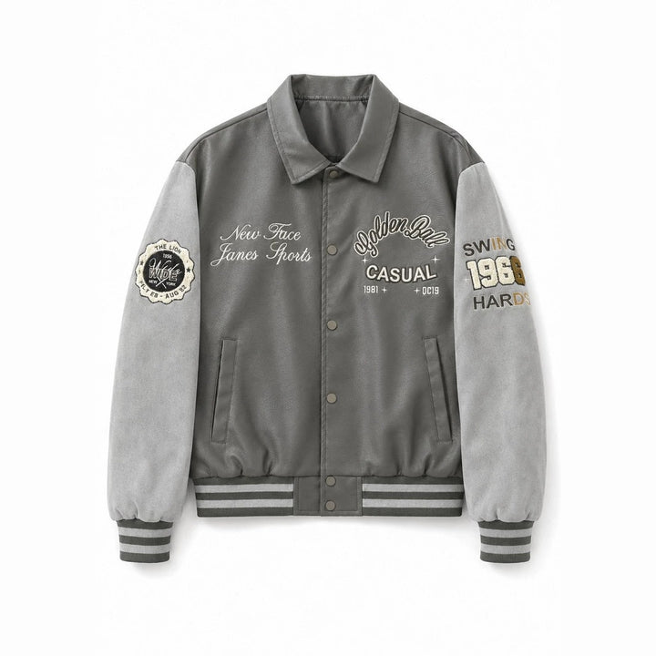 Herren Varsity-Bomberjacke im College-Stil mit Kunstleder-Körper, Veloursleder-Optikärmeln und bestickten Patches Echo Archiv