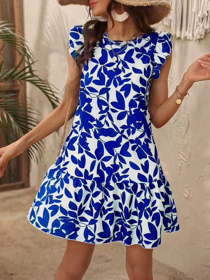 Damen Leichtes Stufen‑Kurzkleid mit Rüschenärmeln und botanischem Print Echo Archiv
