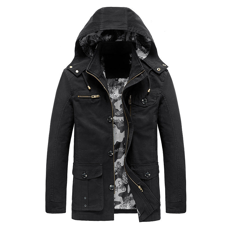 Herren Kapuzen-Canvas-Fieldjacke mit Camouflage-Innenfutter, Multifunktions‑Taschen und Reißverschluss‑Knopfleiste Echoarchiv