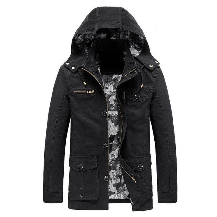 Herren Kapuzen-Canvas-Fieldjacke mit Camouflage-Innenfutter, Multifunktions‑Taschen und Reißverschluss‑Knopfleiste Echoarchiv