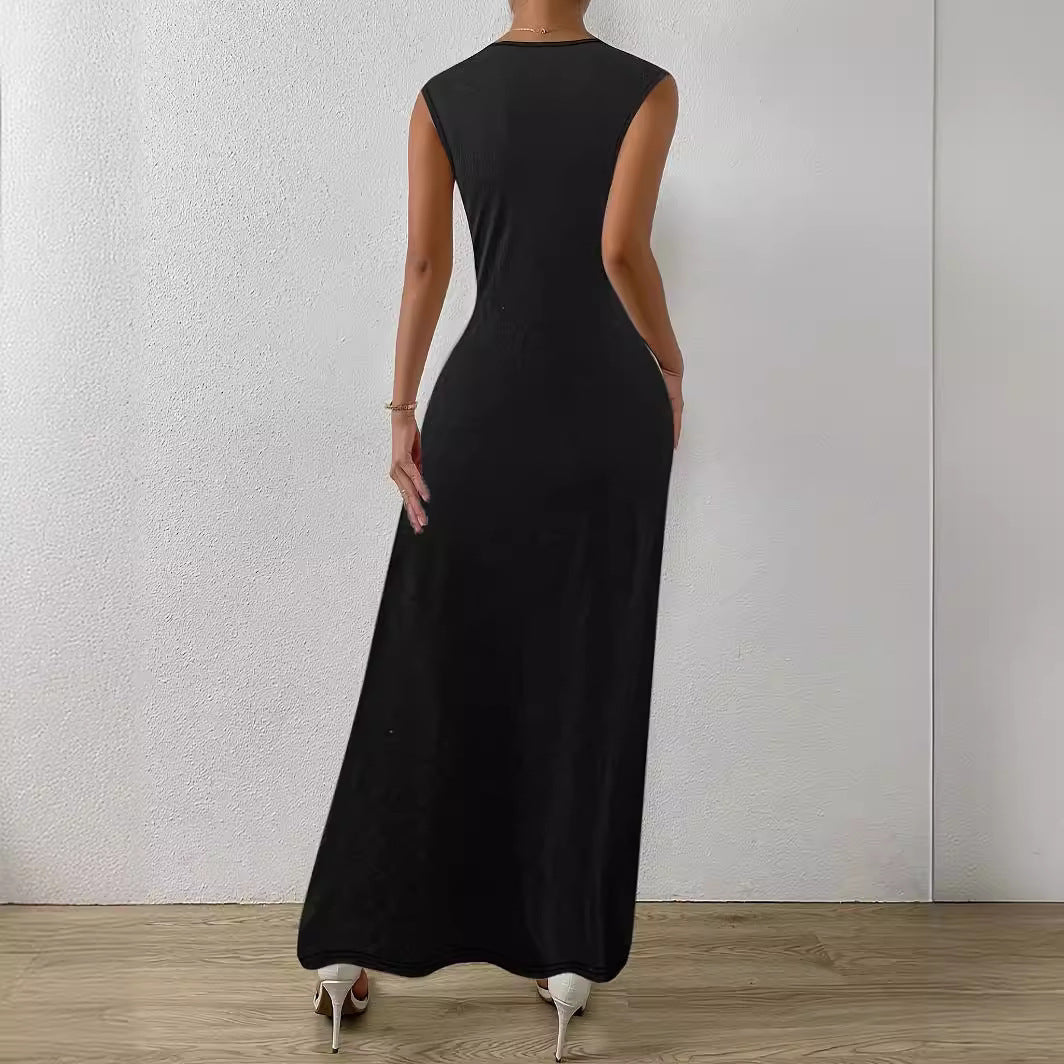 Damen Elegantes Maxikleid mit Raffungen und Rundhalsausschnitt Echoarchiv