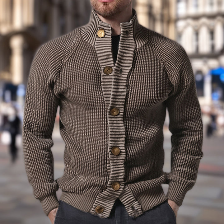 Herren Strickjacke mit modernem Waffelmuster und komfortablem Stehkragen Echoarchiv