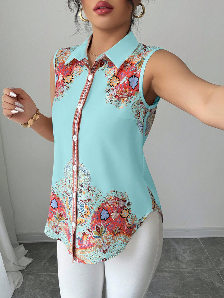 Damen Ärmellose Hemdbluse mit Kentkragen, A-Linien-Silhouette und durchgehender Knopfleiste – Élovi