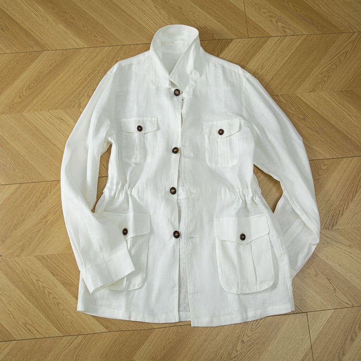 Damen Utility-Jacke aus Leinenmix mit Tunnelzug, Pattentaschen und Hemdkragen Echoarchiv