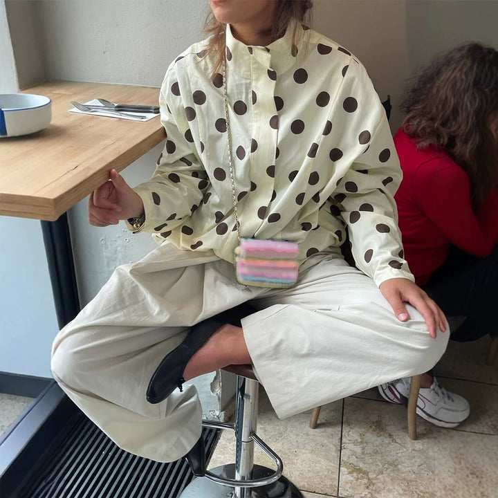 Damen Boxy Hemdjacke mit Stehkragen, Ballonärmeln und großem Polka‑Dot‑Print Echoarchiv