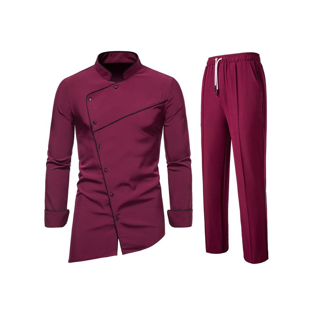 Herren Kochjacke- und Hose-Set aus pflegeleichtem Mikrofaser mit asymmetrischer Knopfleiste und schwarzer Paspelierung Echo Archiv