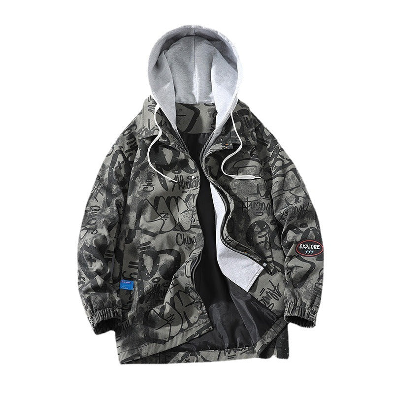 Herren Graffiti-Print Kapuzenparka mit Zip-In Fleece-Innenlayer Echoarchiv