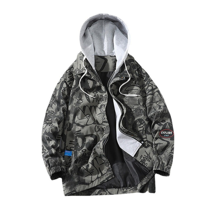 Herren Graffiti-Print Kapuzenparka mit Zip-In Fleece-Innenlayer Echoarchiv