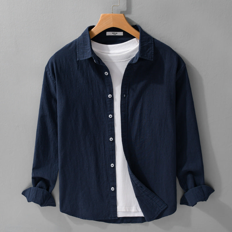 Herren Leichtes Crinkle-Leinen Baumwoll-Hemd im Layering-Stil mit Kentkragen Echoarchiv