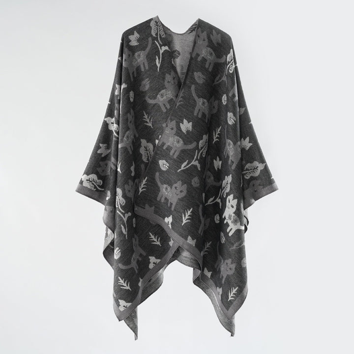 Damen Oversized Ruana im Jacquard mit Katzen- & Blumenmotiv Echo Archiv