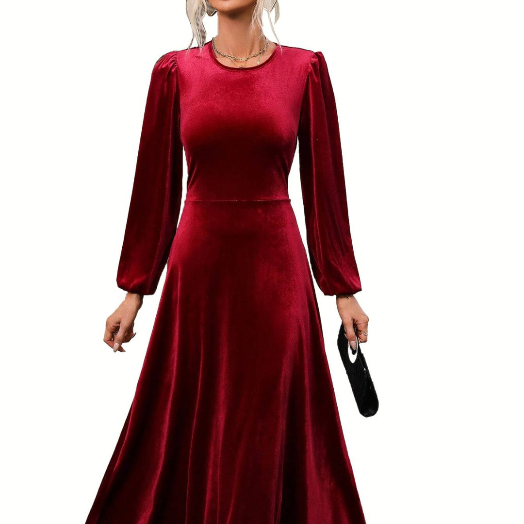 Damen elegantes Samt-Maxikleid mit taillierter Corsage, langen Ballonärmeln und fließender A-Linien-Rock – Valéora