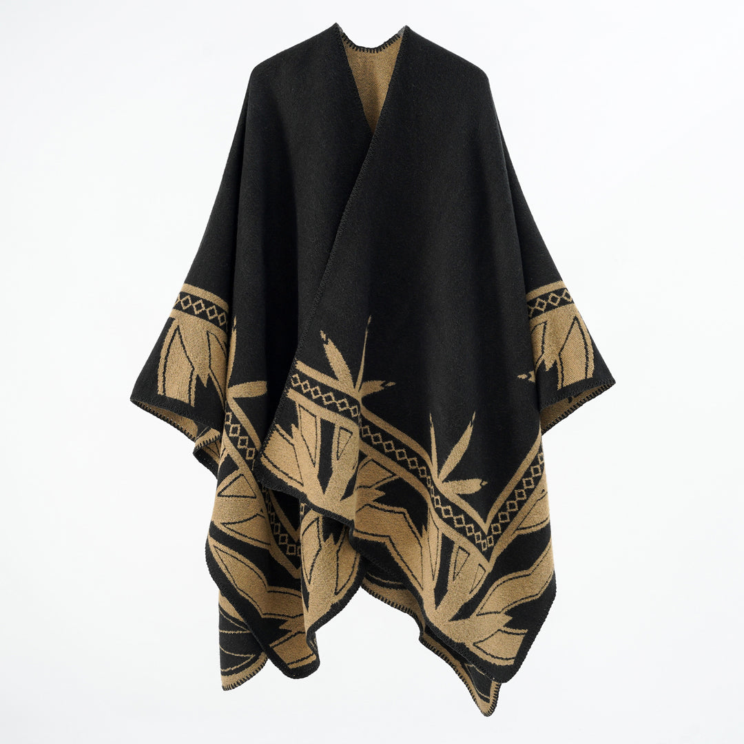 Damen Grobgewebter Umhangponcho aus Wollmix mit V-Ausschnitt und Ornamentjacquard – Veloura