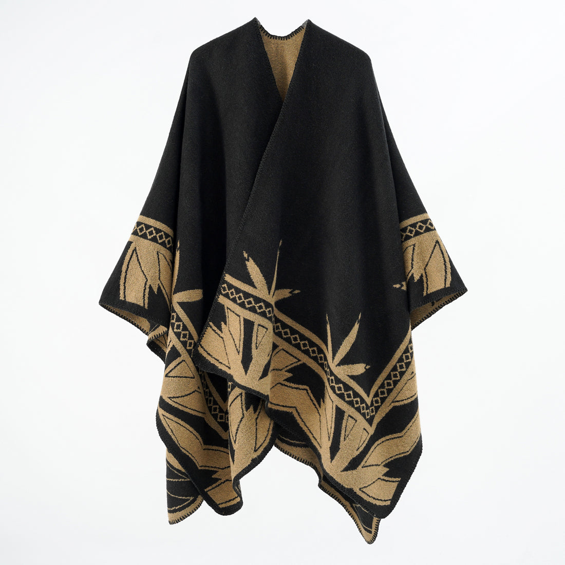 Damen Grobgewebter Umhangponcho aus Wollmix mit V-Ausschnitt und Ornamentjacquard – Veloura