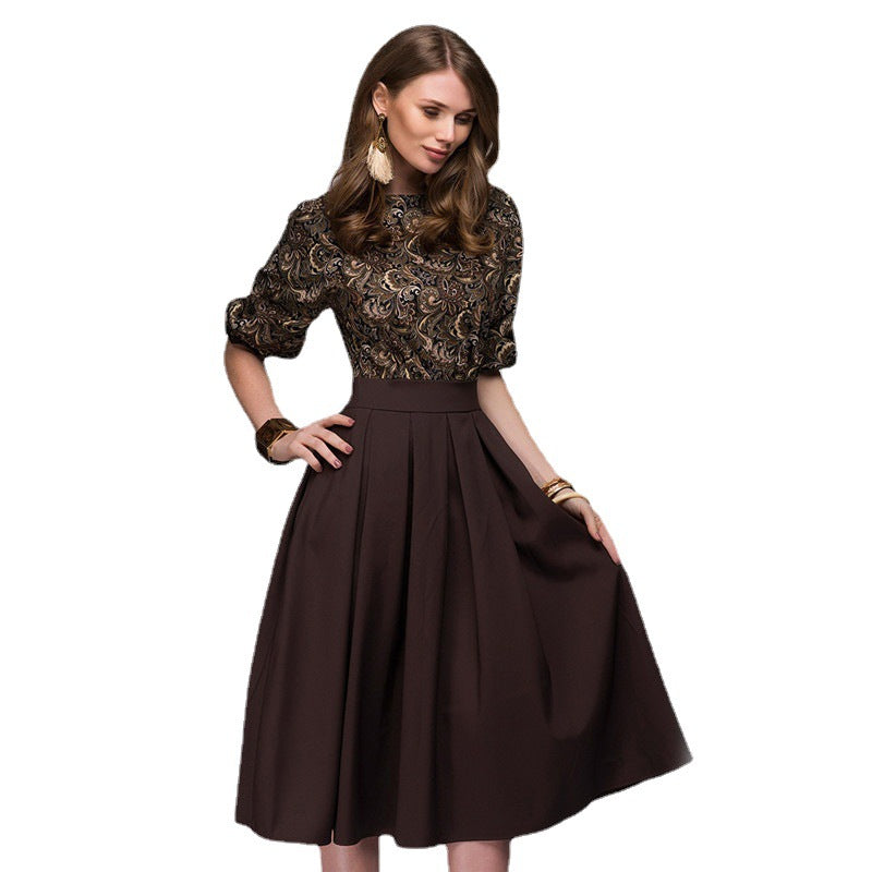 Damen Midikleid mit tailliertem Oberteil aus Jacquard und weitem Faltenrock Echo Archiv