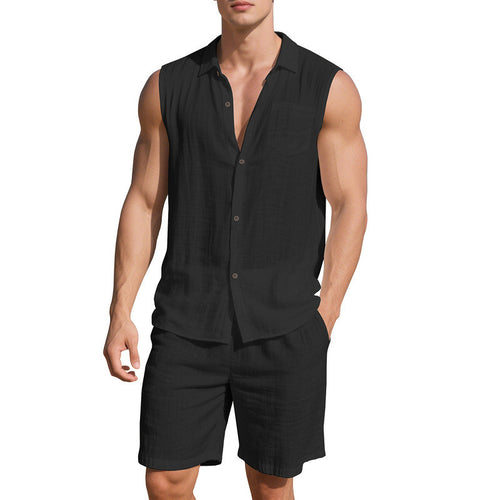 Herren lässiges Sommer-Outfit mit Hemd ohne Ärmel und Shorts Echoarchiv
