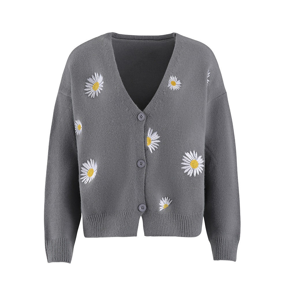 Damen Kurzgeschnittener V-Ausschnitt-Strickcardigan mit gestickten Gänseblümchen und Rippbündchen Echo Archiv