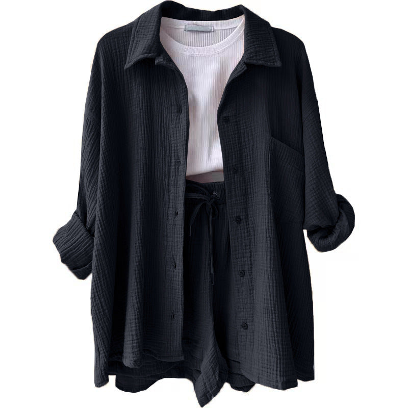 Damen nan lässiges oversized Hemd und Shorts Set mit Brusttasche Kordelbund und gerauter Baumwollstruktur Echo Archiv