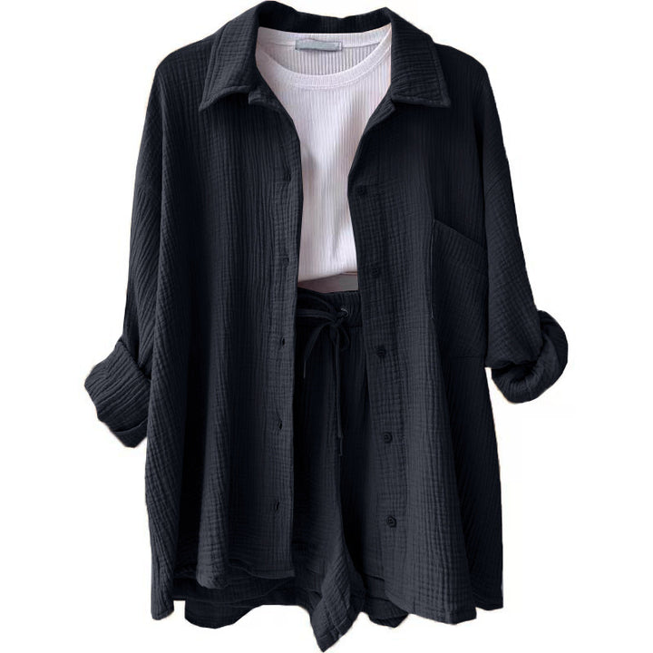 Damen nan lässiges oversized Hemd und Shorts Set mit Brusttasche Kordelbund und gerauter Baumwollstruktur Echo Archiv