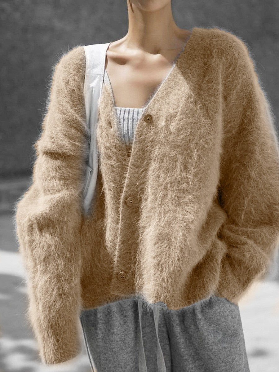 Damen Flauschige Mohair-Optik Strickjacke mit V-Ausschnitt und Oversize-Schnitt Echoarchiv