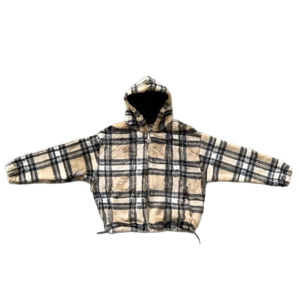 Unisex nan gefütterte Plaid-Fleece-Bomberjacke mit Kapuze Kordelzug und Reißverschlusstaschen Echo Archiv