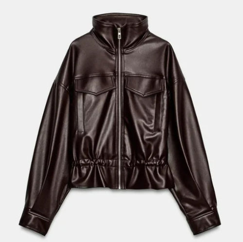 Damen Cropped Kunstleder‑Blouson mit Stehkragen, Pattentaschen und Tunnelzugtaillierung Echo Archiv