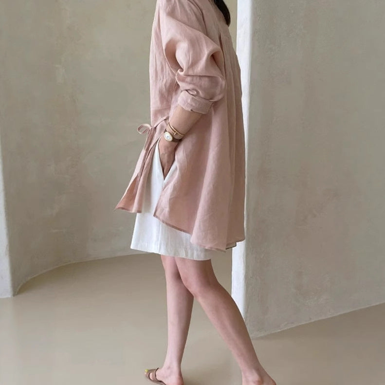 Damen Locker geschnittene Leinen‑Hemdbluse mit Stehkragen, Tunnelzug‑Taille und durchgehender Knopfleiste – Élovi