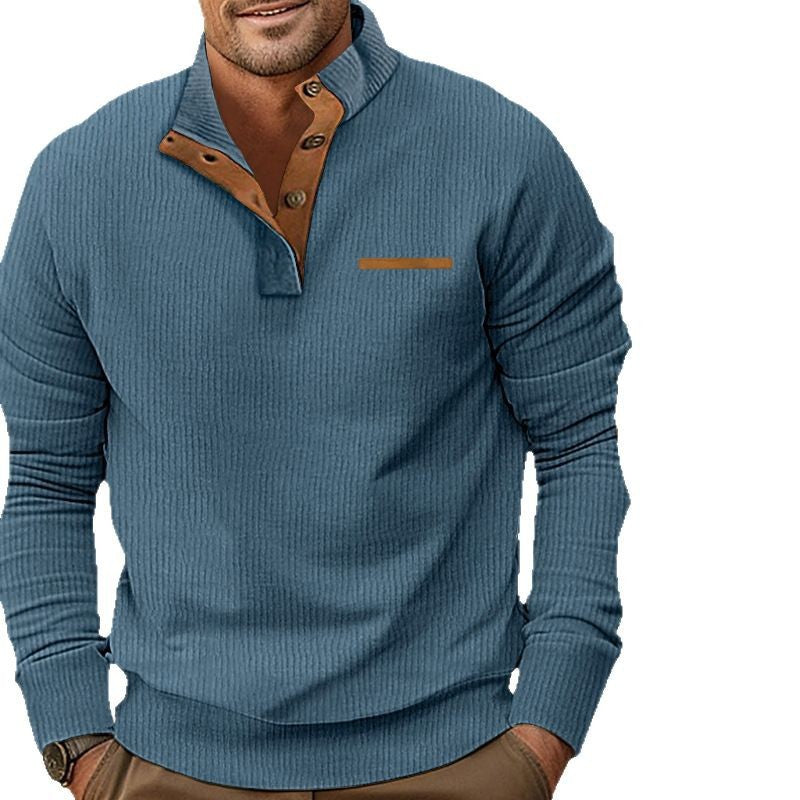 Herren nan strukturiertes Halbknopf-Stehkragen-Pullover mit Wildleder-Ellbogenpatches Echo Archiv