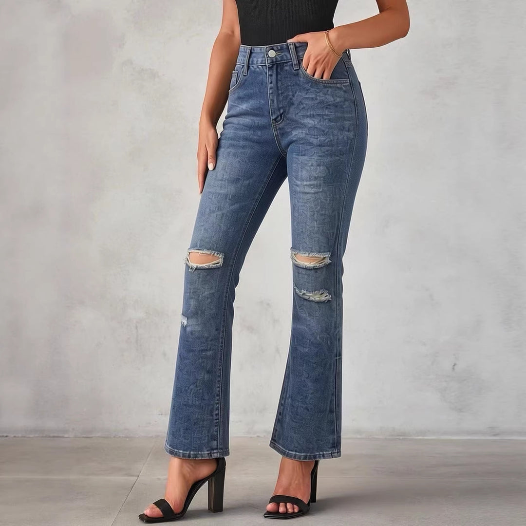 Damen nan High‑Waist Schlagjeans mit Distressed-Kniepartie und strukturierter Denim-Optik Echo Archiv