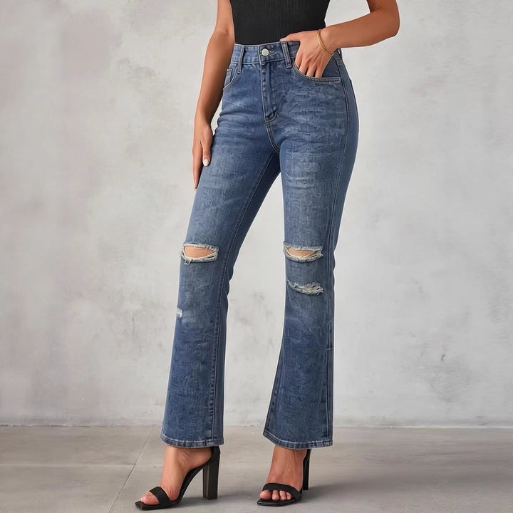 Damen nan High‑Waist Schlagjeans mit Distressed-Kniepartie und strukturierter Denim-Optik Echo Archiv