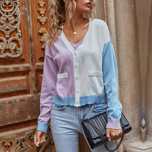 Damen Leichter Colorblock-Cardigan im Pastellmix mit V‑Ausschnitt & Knopfleiste – Veloura