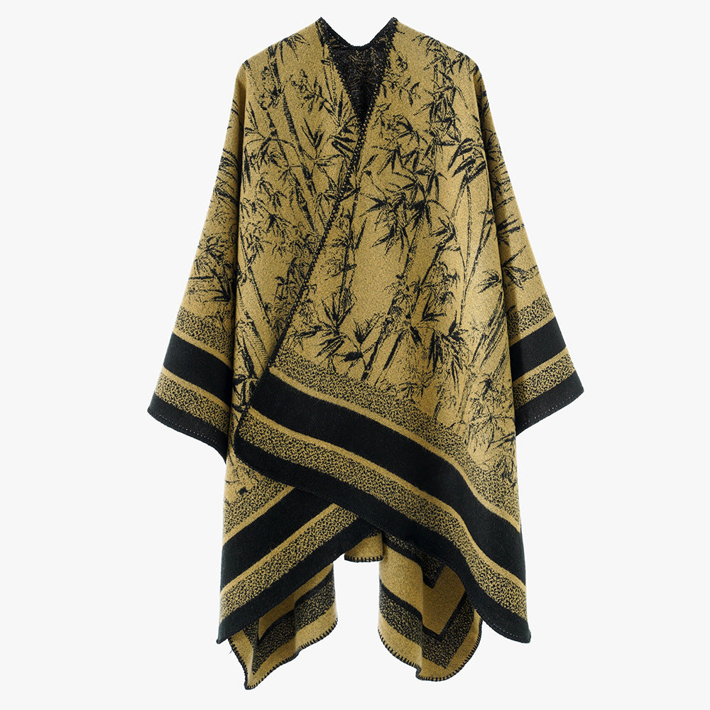 Damen Jacquard‑Poncho im Cape‑Stil mit Bambusmotiv und offener Vorderseite – Avérine