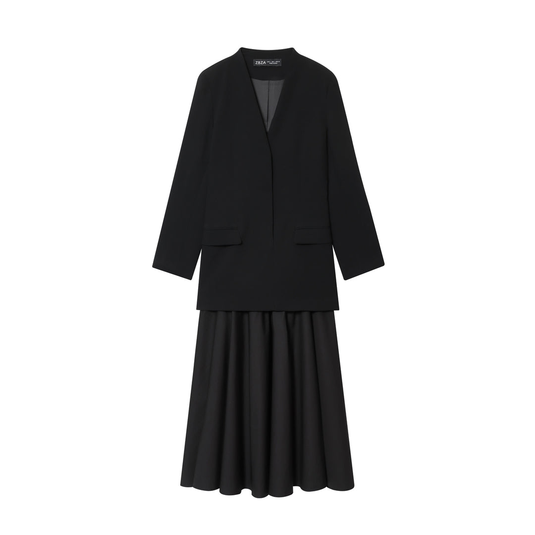 Damen kragenloser Longblazer mit offenem Vorderteil, Pattentaschen und leichtem Stretch – Célinea