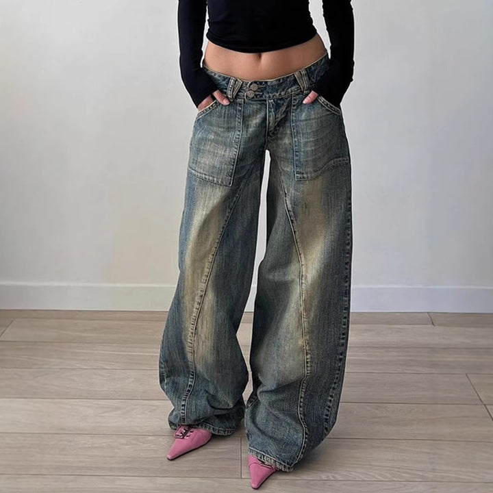 Damen nan weite Low-Rise Baggy-Jeans mit markanten V‑Nahtpaneelen und aufgesetzten Fronttaschen Echo Archiv