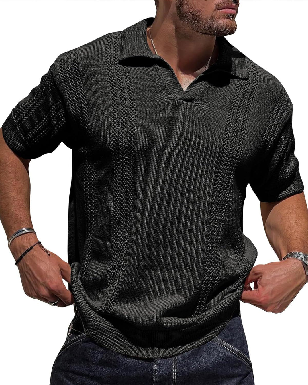 Herren Kurzarm Strickpullover mit strukturierter Oberfläche und Polokragen Echoarchiv