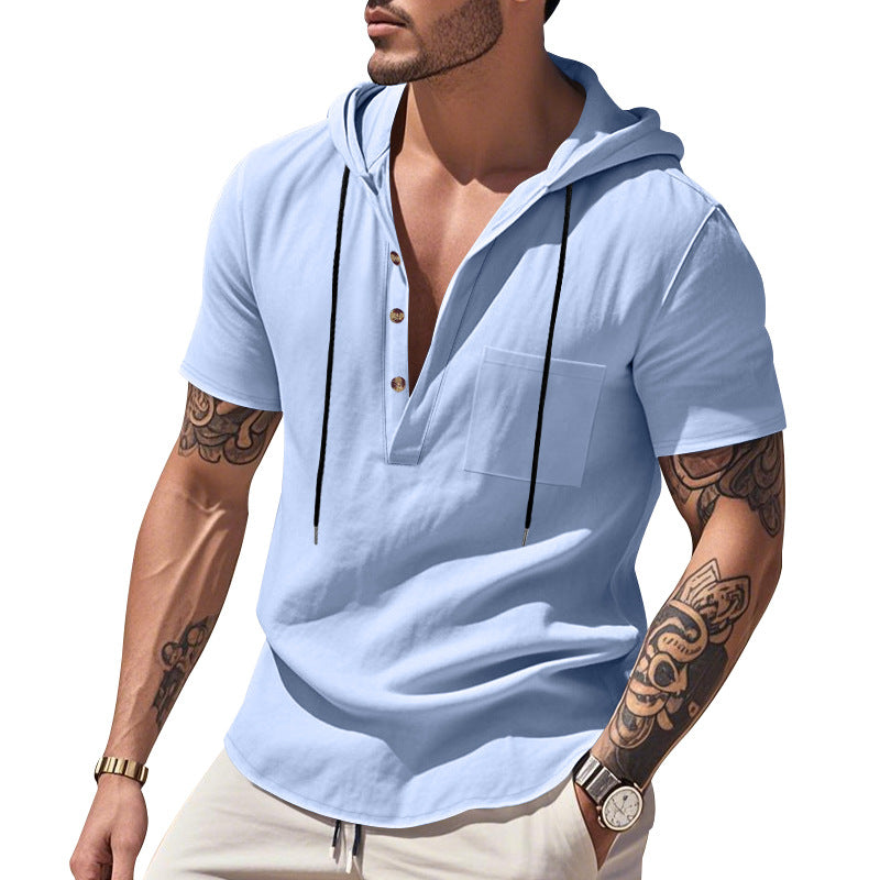 Herren nan legere Kurzarm-Kapuzen-Henley aus Single-Jersey mit Brusttasche und Kontrastkordel Echo Archiv